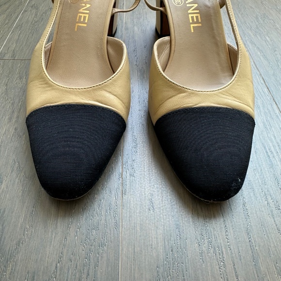 Chanel Slingbacks Beige Black Goatskin & Grosgrain Leather Heel Color Block - 36 - Picture 7 of 16